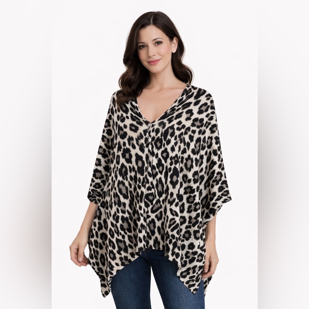 Chico’s Leopard Print Poncho Sweater | Button Front Asymmetrical Top